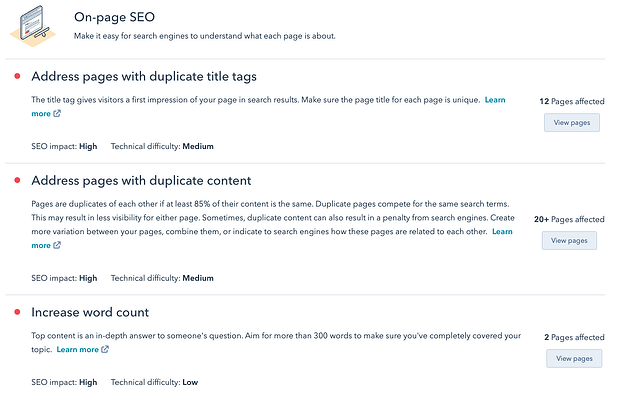 Hubspot SEO Recommendations 