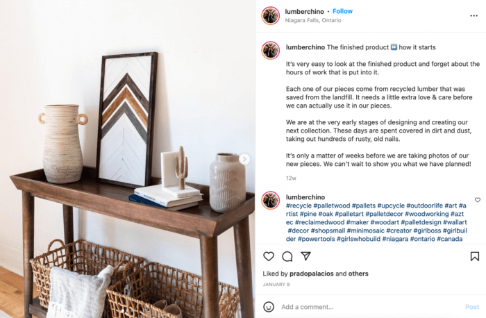 La piccola impresa Lumberchino utilizza gli hashtag di Instagram in un commento che crea una didascalia più mirata.