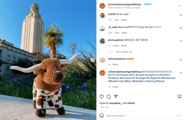 Un account Instagram per l'Università del Texas è un esempio di come includere in modo efficace gli hashtag in un commento invece della didascalia.