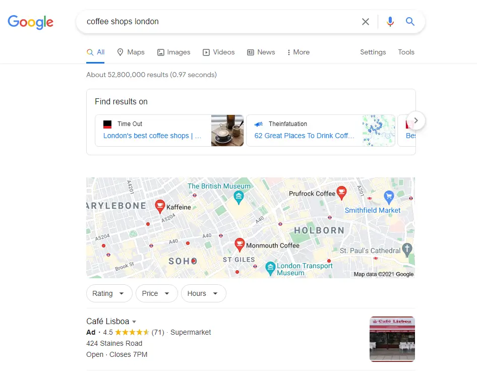 google maps - cafeterías