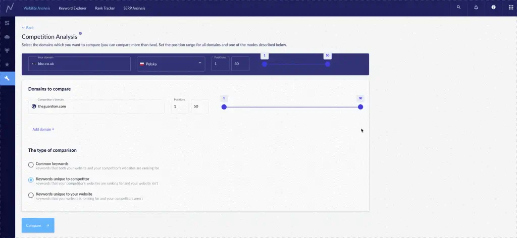 Vergleich zwischen bbc.co.uk und theguardian.com im Wettbewerbsanalyse-Tool von Senuto