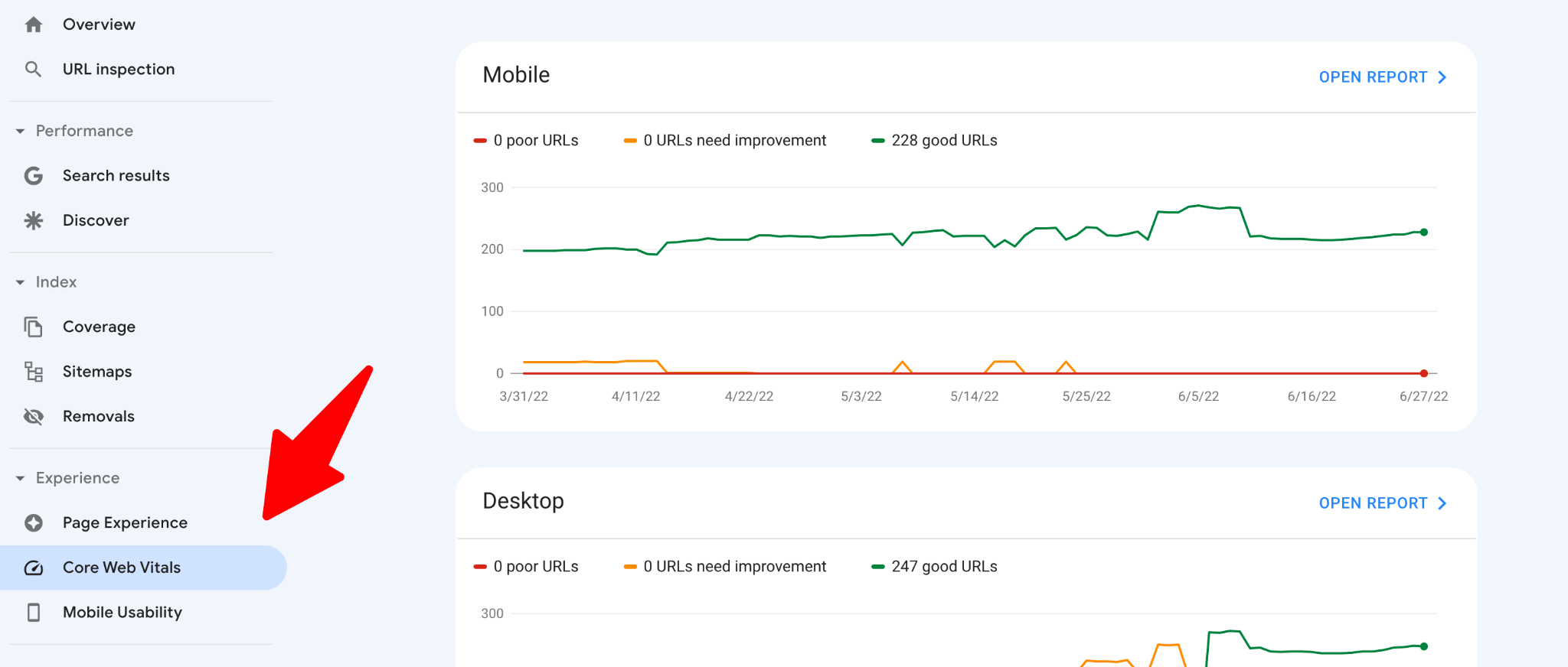 Google Search Console の Core Web Vitals オプションのスクリーンショット