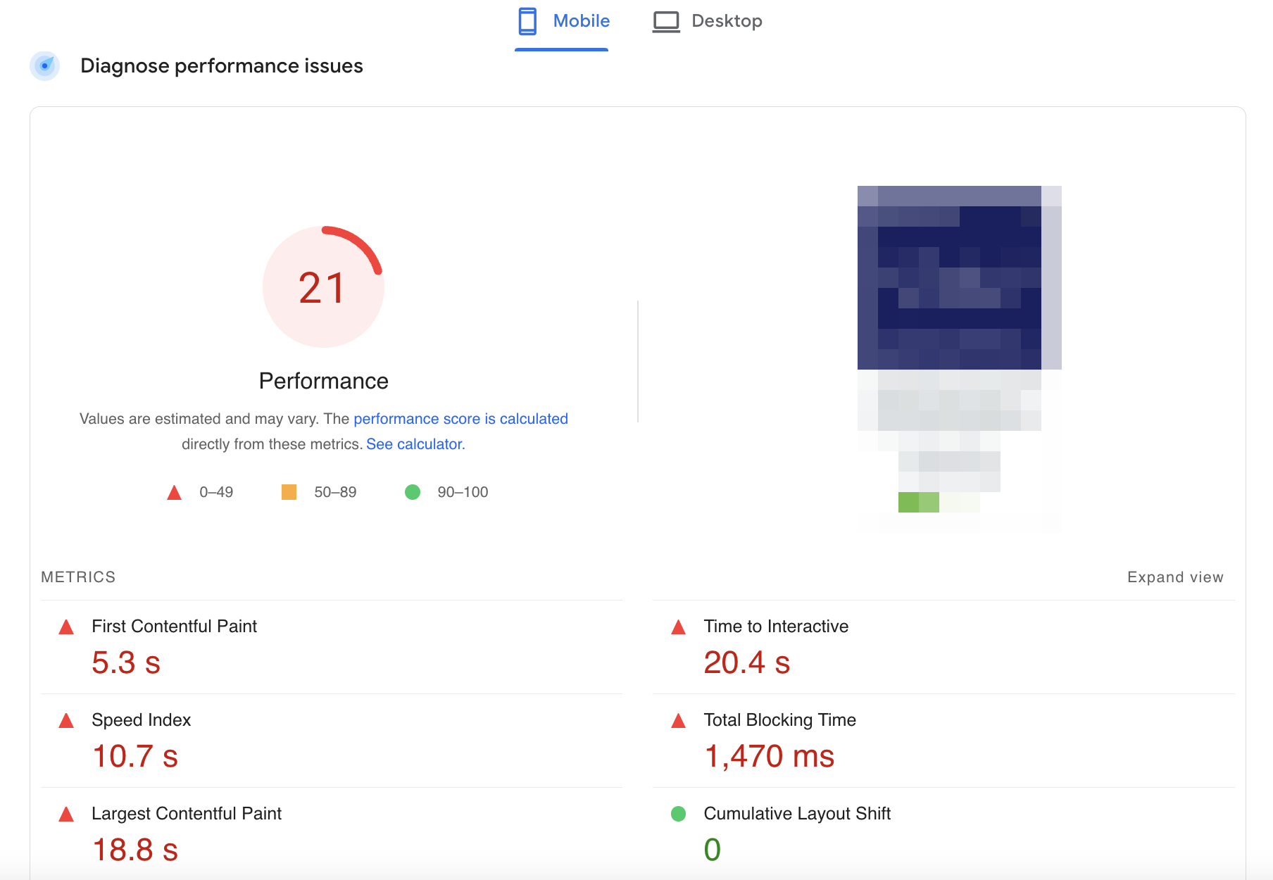 Capture d'écran de ce qui ne va pas avec Core Web Vitals