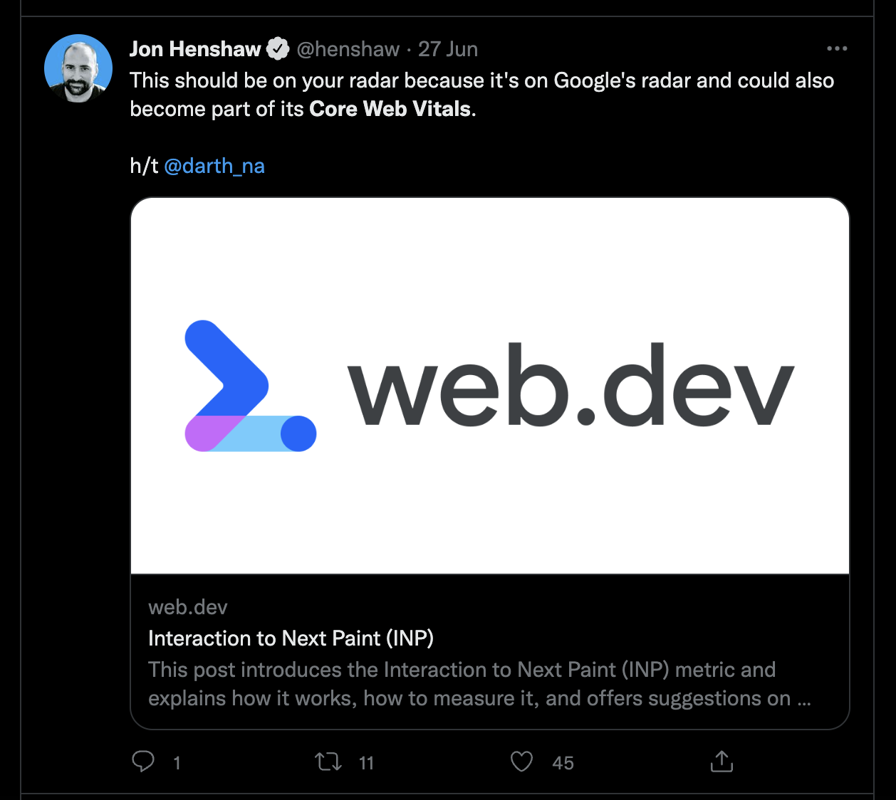 Twitt dari Jon Henshaw tentang vital web inti