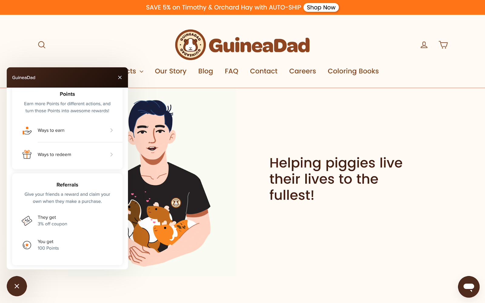 ロイヤルティ プログラムとは - GuineaDad の Web サイトのスクリーンショットで、報酬プログラム パネルが表示されています。ポイントと紹介プログラムの詳細の両方が表示されます。