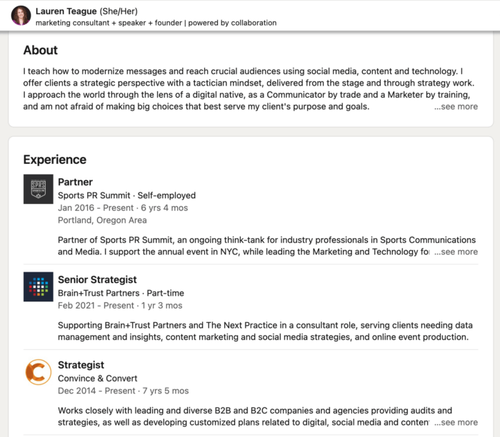 Esempio della sezione delle esperienze aggiornate di Lauren Teague su LinkedIn