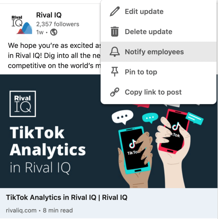 Screenshot che mostra come avvisare i dipendenti su LinkedIn