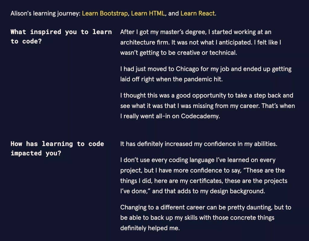 Testimonianza dell'intervista di Codecademy