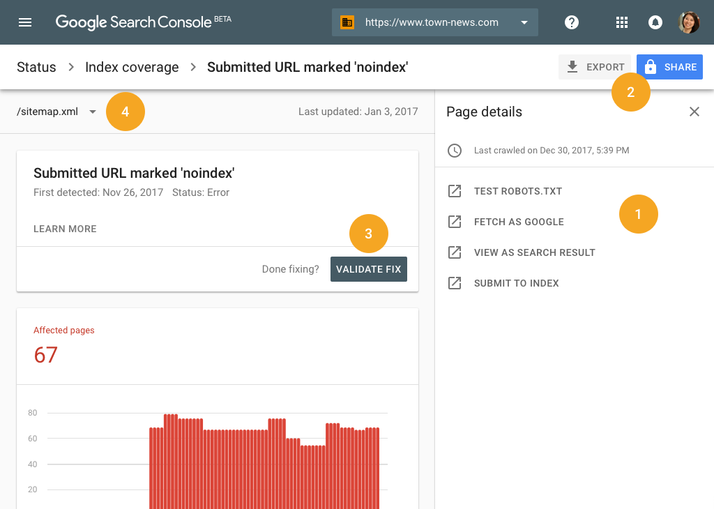 Zrzut ekranu raportu dotyczącego pokrycia indeksu Google Search Console