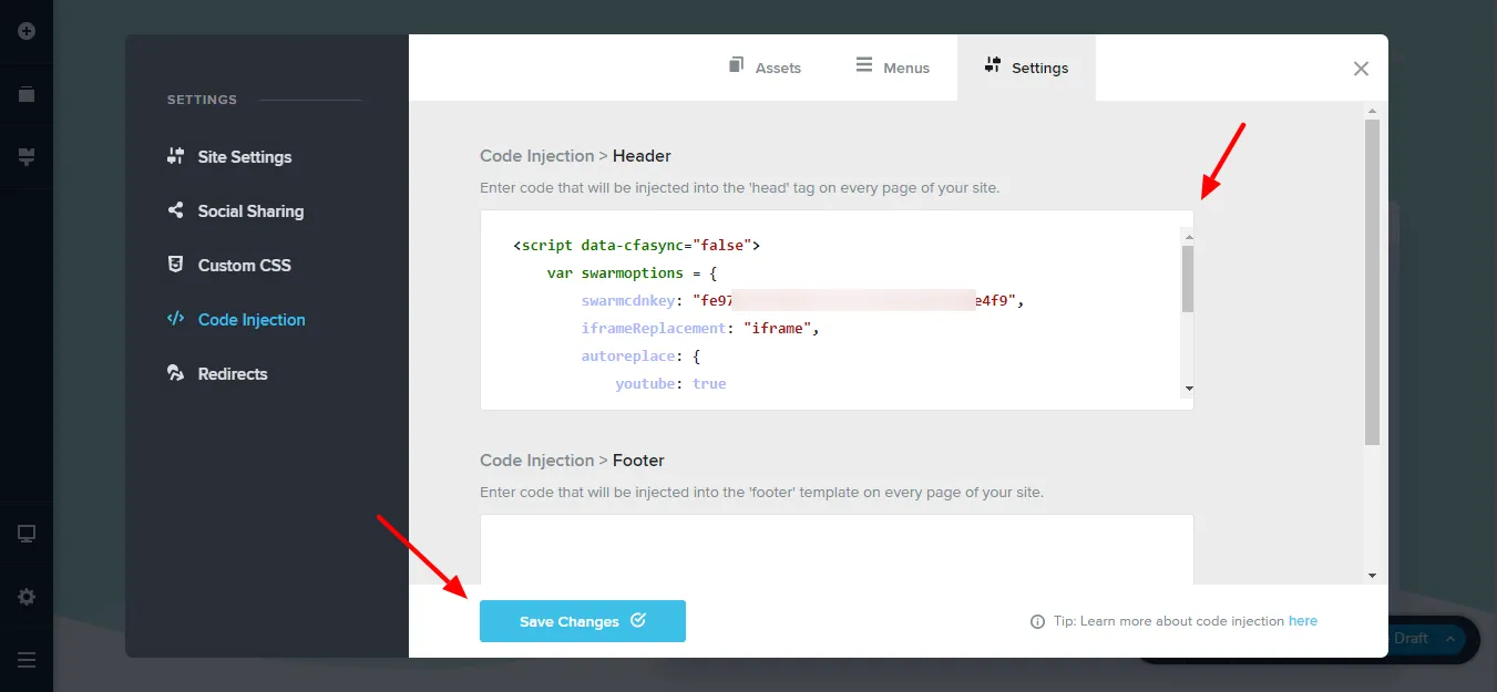 วางข้อมูลโค้ด Swarmify ลงในส่วนหัวและบันทึกการเปลี่ยนแปลง
