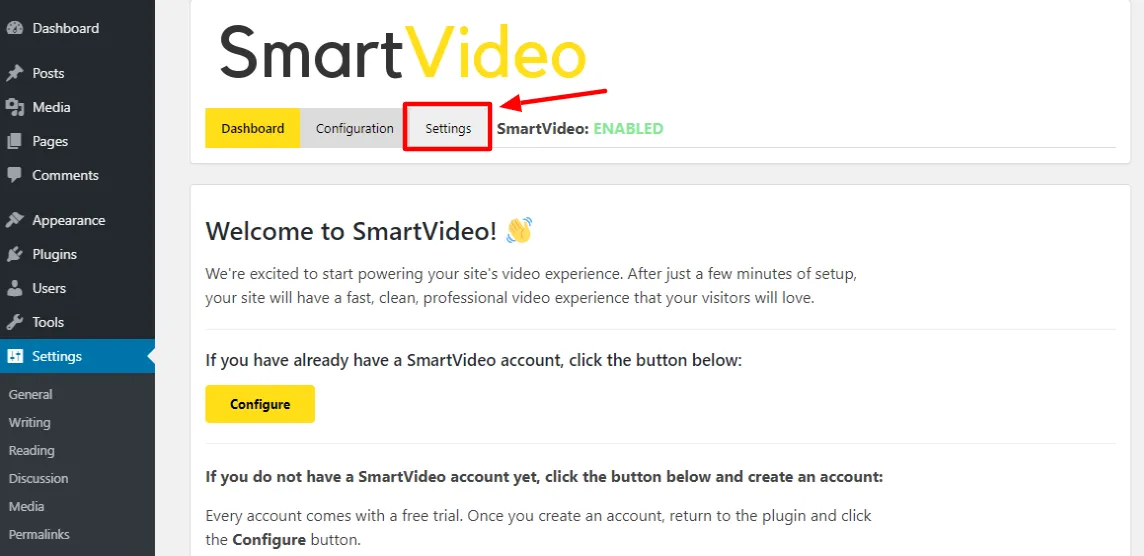 انقر فوق قائمة الإعدادات في البرنامج المساعد SmartVideo