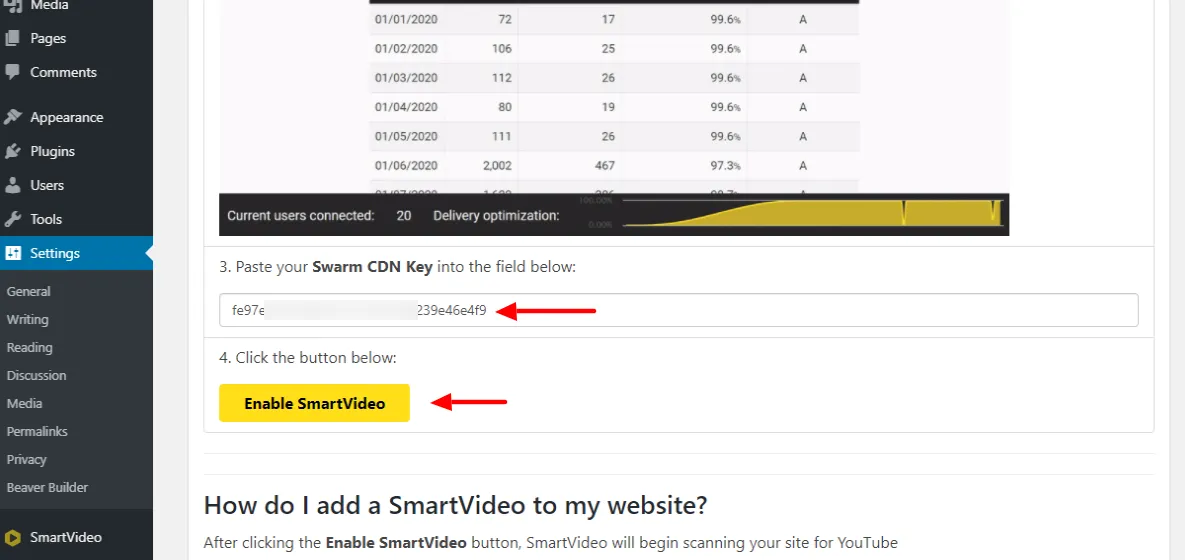 أضف Swarm CDN Key إلى البرنامج المساعد SmartVideo