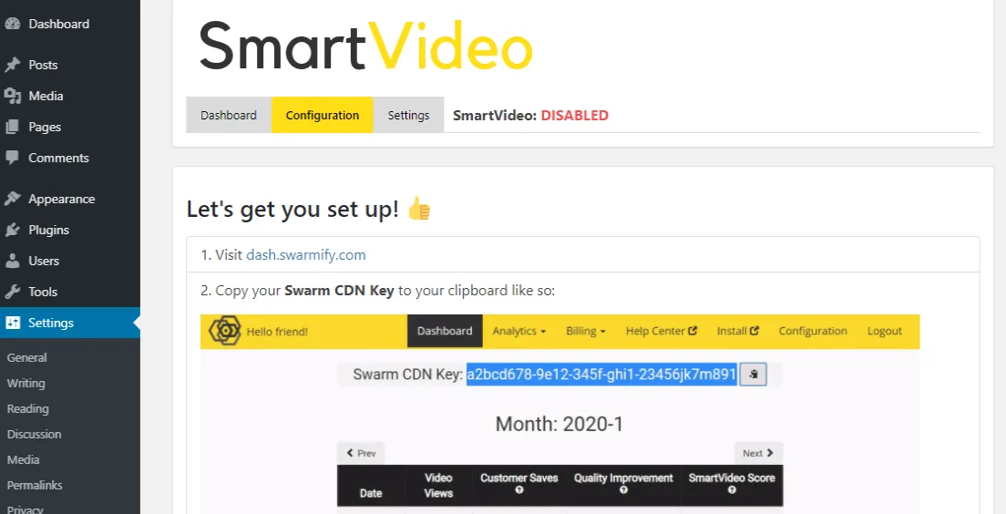 علامة تبويب التكوين في البرنامج المساعد SmartVideo