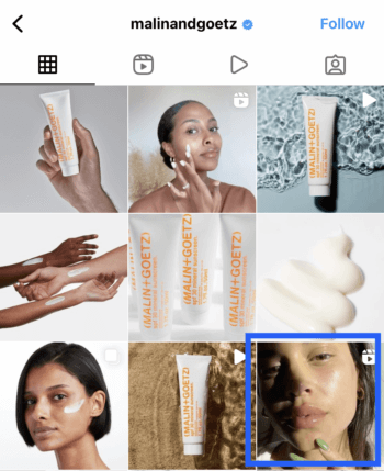 Pagina Instagram di Malin + Goetz con un post in evidenza evidenziato.