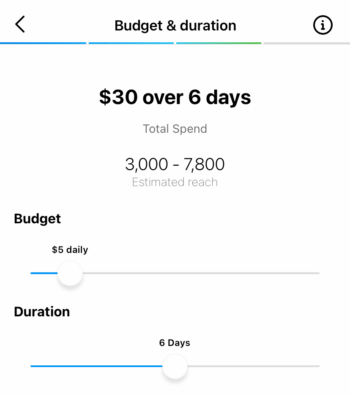 Imposta il budget e la durata del tuo post Instagram potenziato.