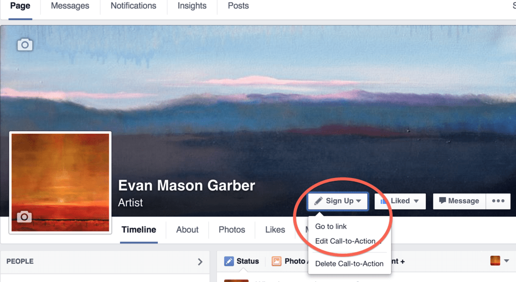 Esempio di invito all'azione della pagina Facebook di Evan Garber