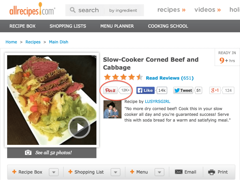 ตัวอย่างวิธีที่ Allrecipes ใช้ปุ่ม Pinterest Pin It