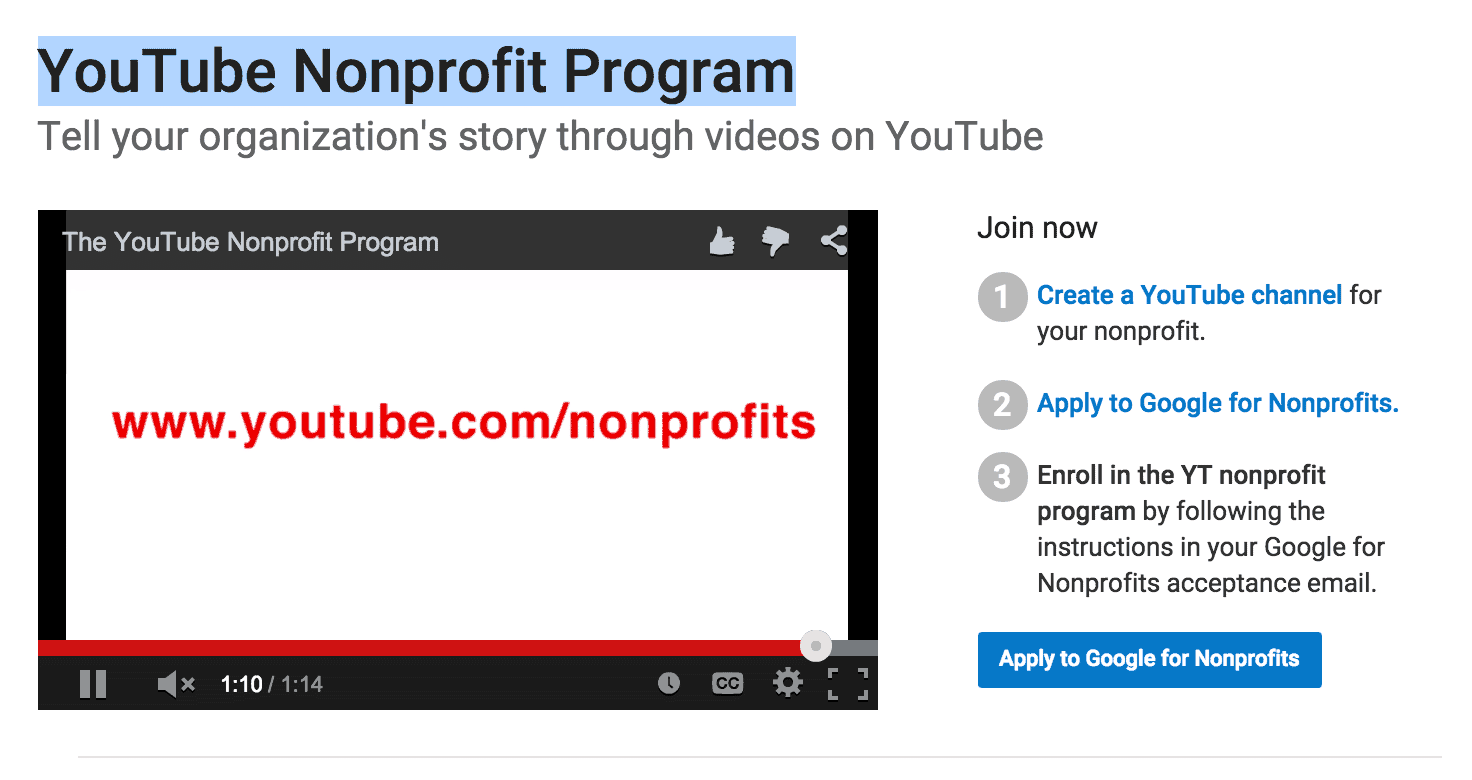 Programma non profit di YouTube: https://www.youtube.com/nonprofits