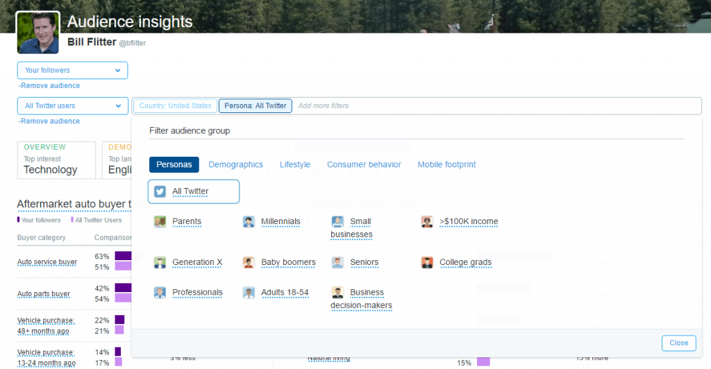 في Twitter Analytics ، قارن متابعيك بالشخصيات