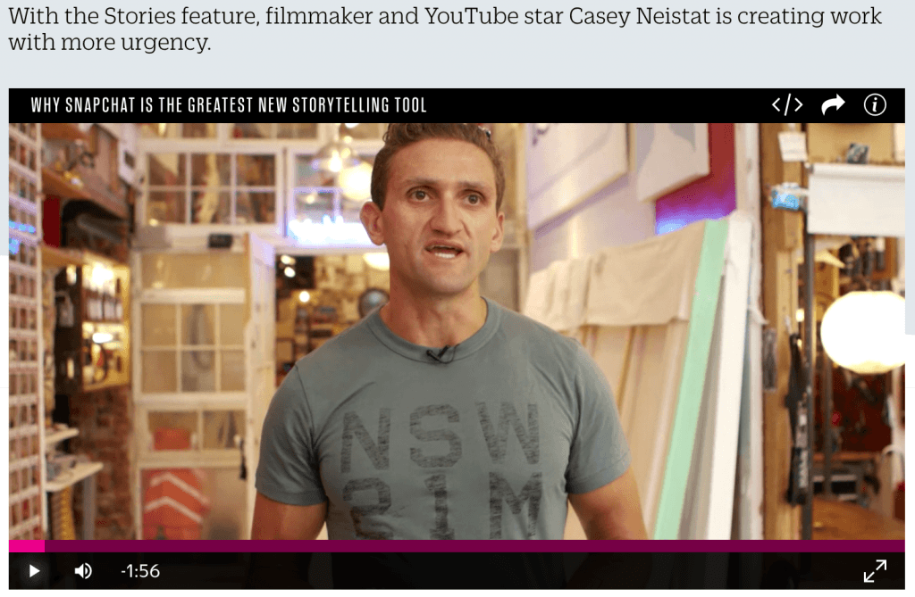 Snapchat Stories 機能を使用して、映画製作者であり YouTube のスターである Casey Neistat は、より緊急性の高い作品を作成しています。