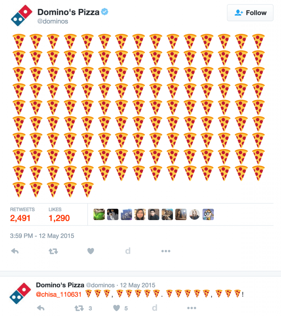 ตอนนี้เราสามารถใช้อีโมจิบน Twitter เพื่อสั่งพิซซ่าจาก Dominos ได้แล้ว