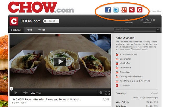 مثال على استخدام Chow.com لرموز الوسائط الاجتماعية على YouTube