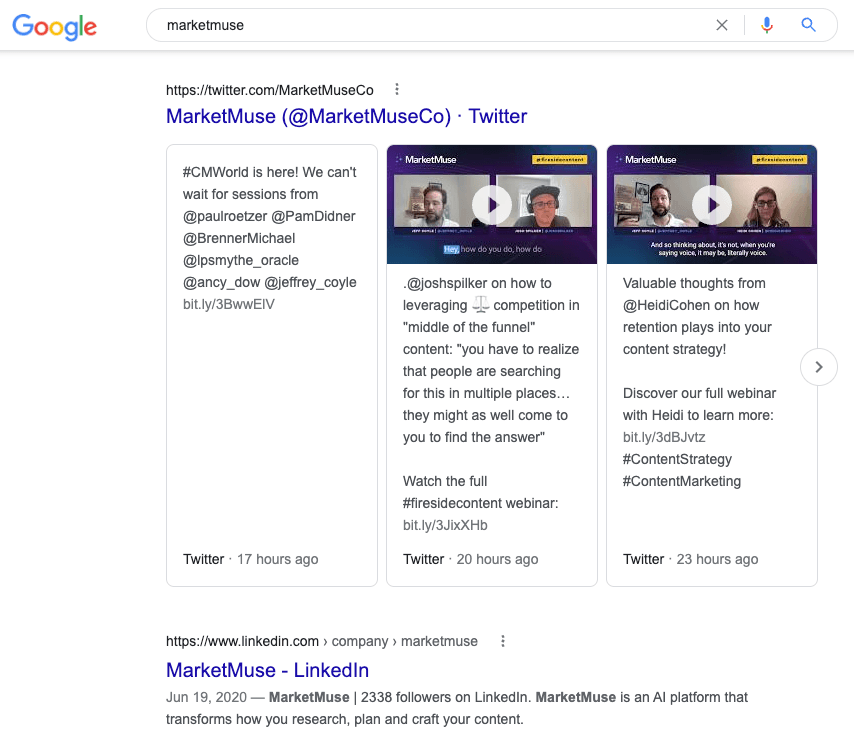 Google SERP mit einem Twitter mit drei Tweets aus dem offiziellen Twitter-Stream von MarketMuse.