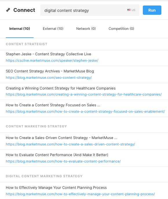 MarketMuse Connect-Anwendung mit Verknüpfungsempfehlungen und Ankertext.