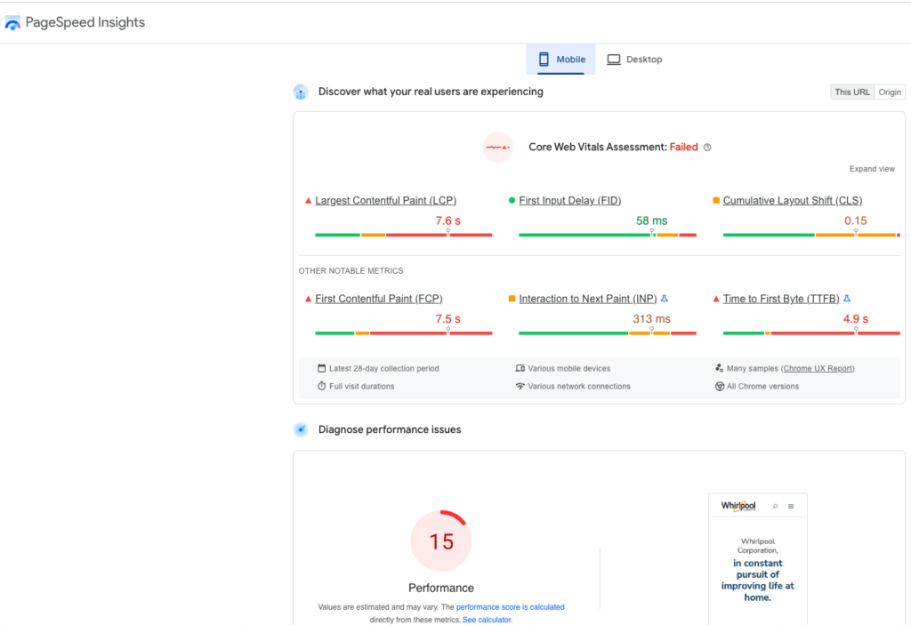 Google PageSpeed ​​Insights-Ergebnisse für Mobilgeräte für eine URL, die die Bewertung der wichtigsten Web-Vitals zeigt.