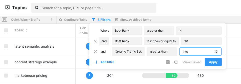 Filter inventaris topik MarketMuse menampilkan penyiapan untuk menemukan peringkat topik lebih besar dari 5 dan kurang dari atau sama dengan 30 dengan lalu lintas lebih besar 250.