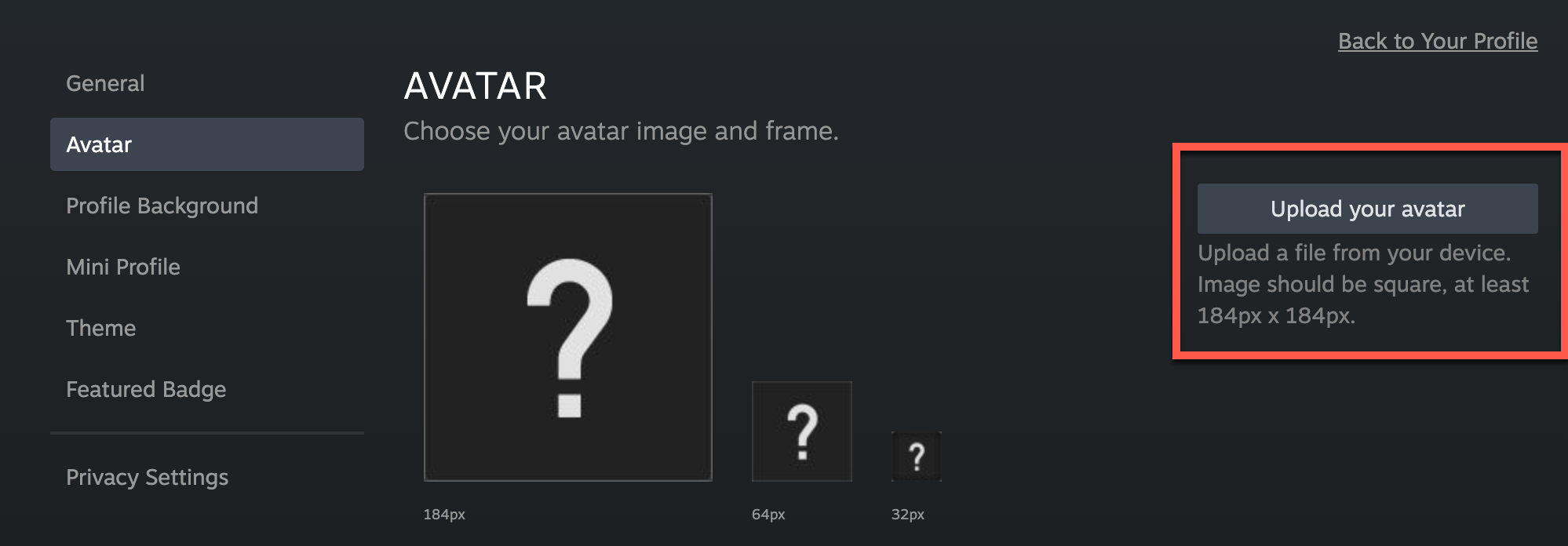 butonul de încărcare avatarului Steam