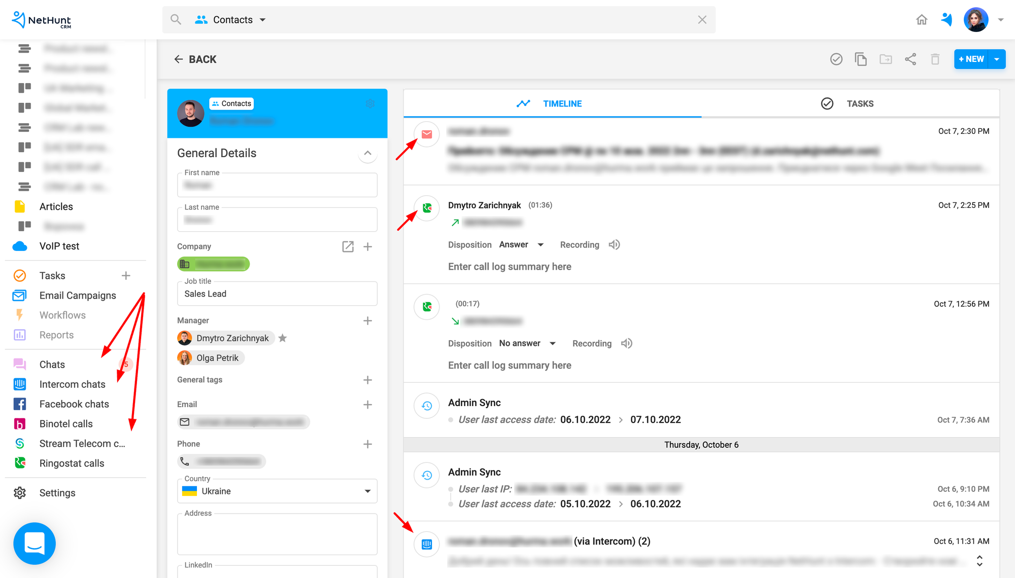 Komunikasi melalui saluran yang berbeda di NetHunt CRM