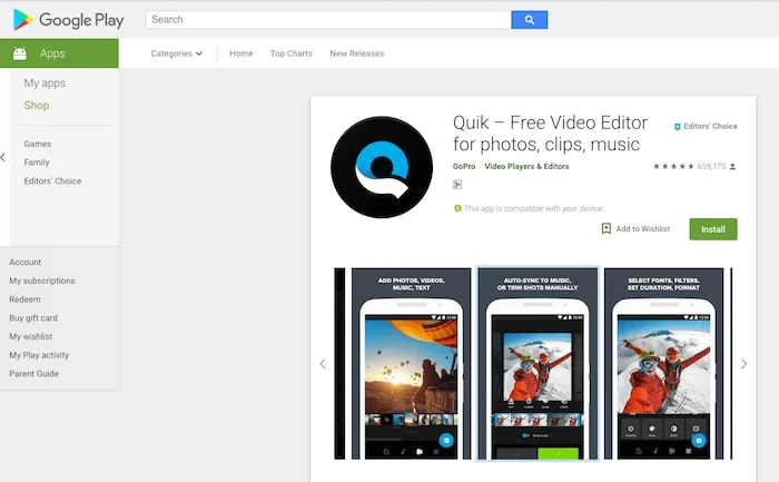 Aplicación Android de edición de video Quik