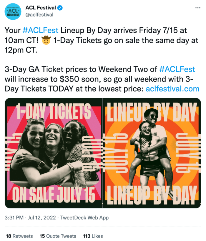 ACL festivalinden ACL Fest hashtag'ini kullanan bir tweet, bir kampanya hashtag'ine bir örnektir.