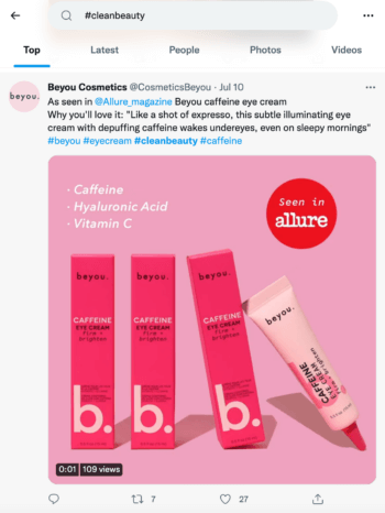 ผลการค้นหาสำหรับ Twitter แฮชแท็ก clean beauty แสดงทวีตจากแบรนด์ความงามเช่น Beyou Cosmetics