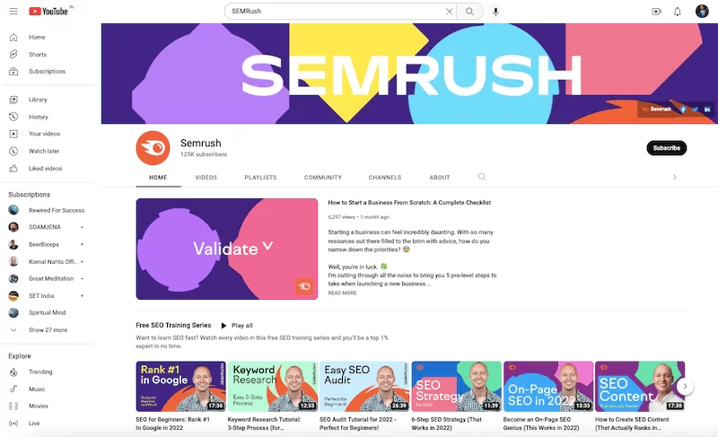 Saluran YouTube Semrush