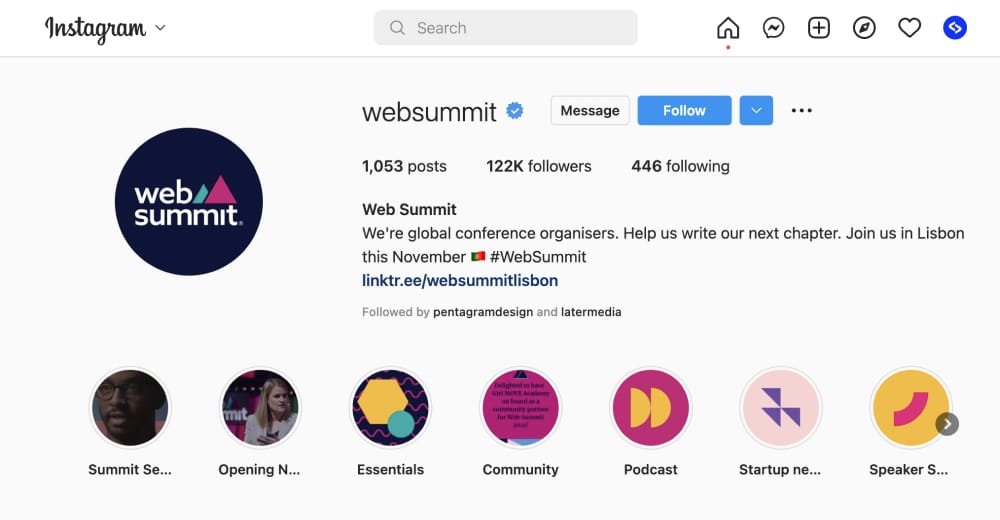 Esempio di momenti salienti di Instagram per Web Summit