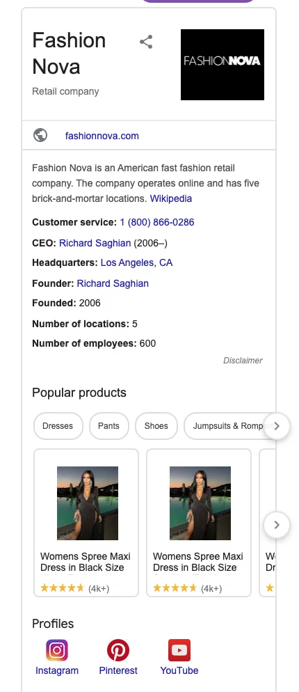 la fiche Google My Business de fashion nova