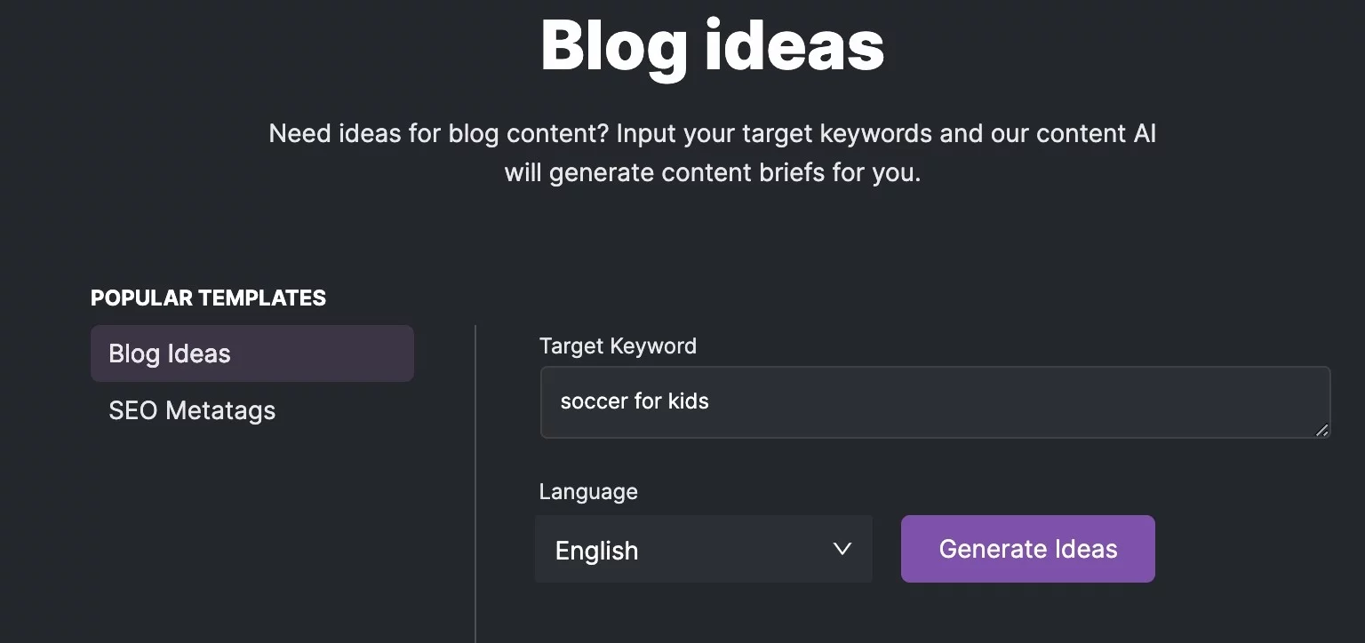 Screenshot dello strumento idee blog in searchatlas con una query per il calcio per bambini