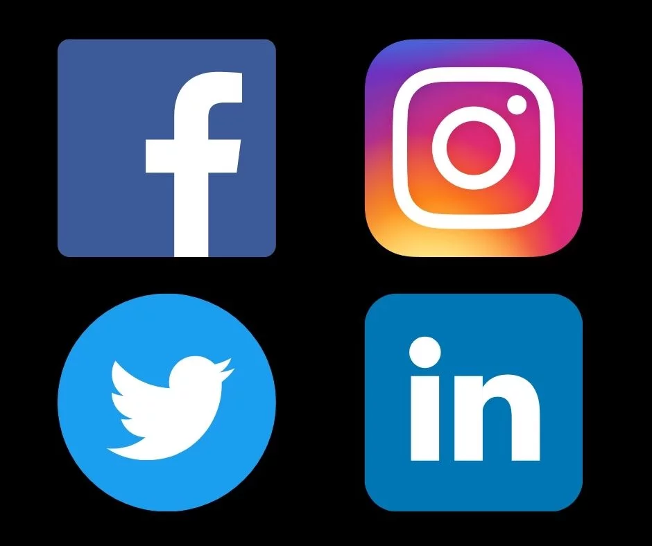 Logotipos de mídia social em um fundo preto do canto superior esquerdo ao canto inferior direito: facebook, instagram, twitter, linkedin