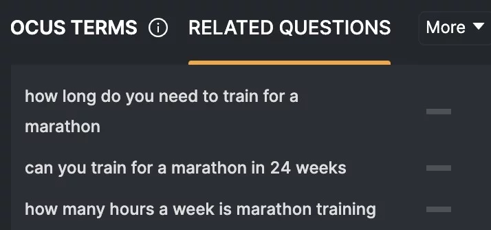 Capture d'écran des questions connexes dans SearchAtlas sur le thème des marathons