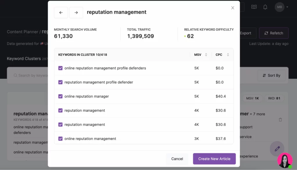 Schermata dello strumento di pianificazione dei contenuti SEO