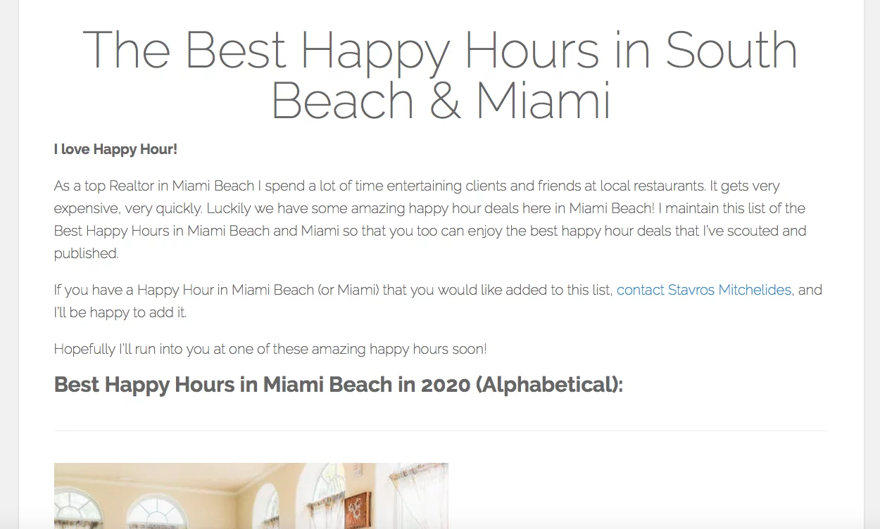 Ejemplo del contenido del blog de una agencia inmobiliaria que incluye happy hours en South Beach