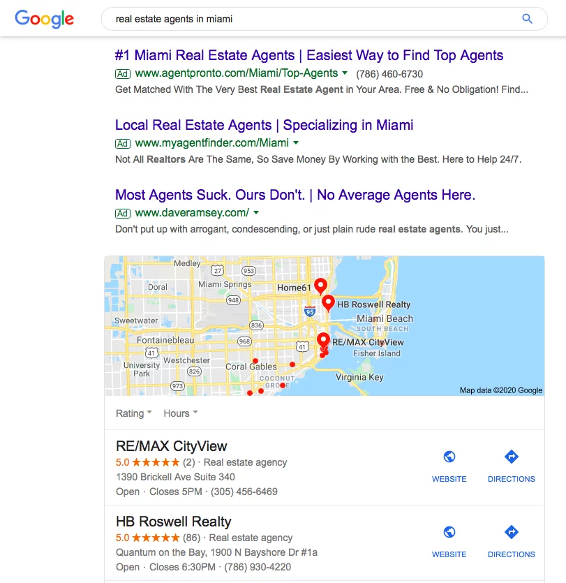 Captura de pantalla de los resultados de búsqueda de Google para "agentes inmobiliarios en miami"