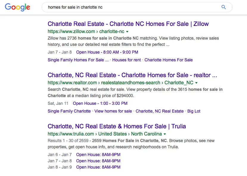 Google 搜索關鍵字“homes for sale in charlotte nc”的屏幕截圖