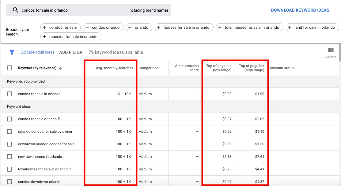 Zrzut ekranu narzędzia Google Keyword Planner i wskaźników liczby wyszukiwań dla „mieszkania na sprzedaż w orlando”