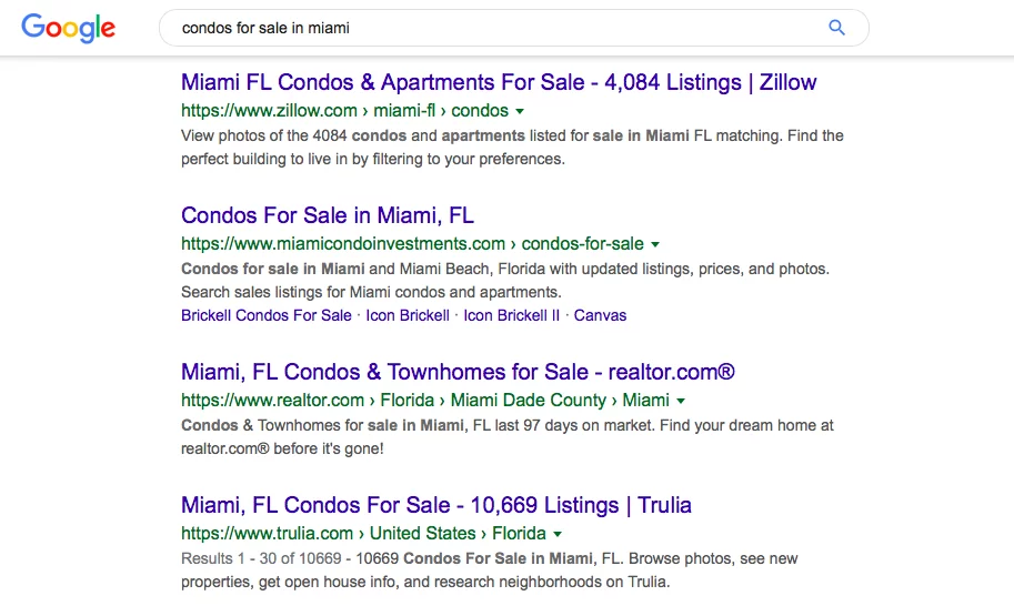 Captură de ecran a rezultatelor căutării Google pentru cuvântul cheie „condos for sale in miami”