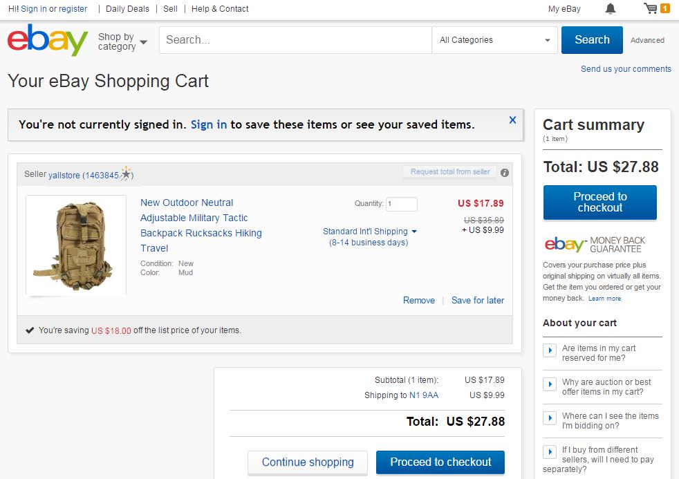 38 eBay shows the amount of savings - Cart Abandonment - Definitive Guide