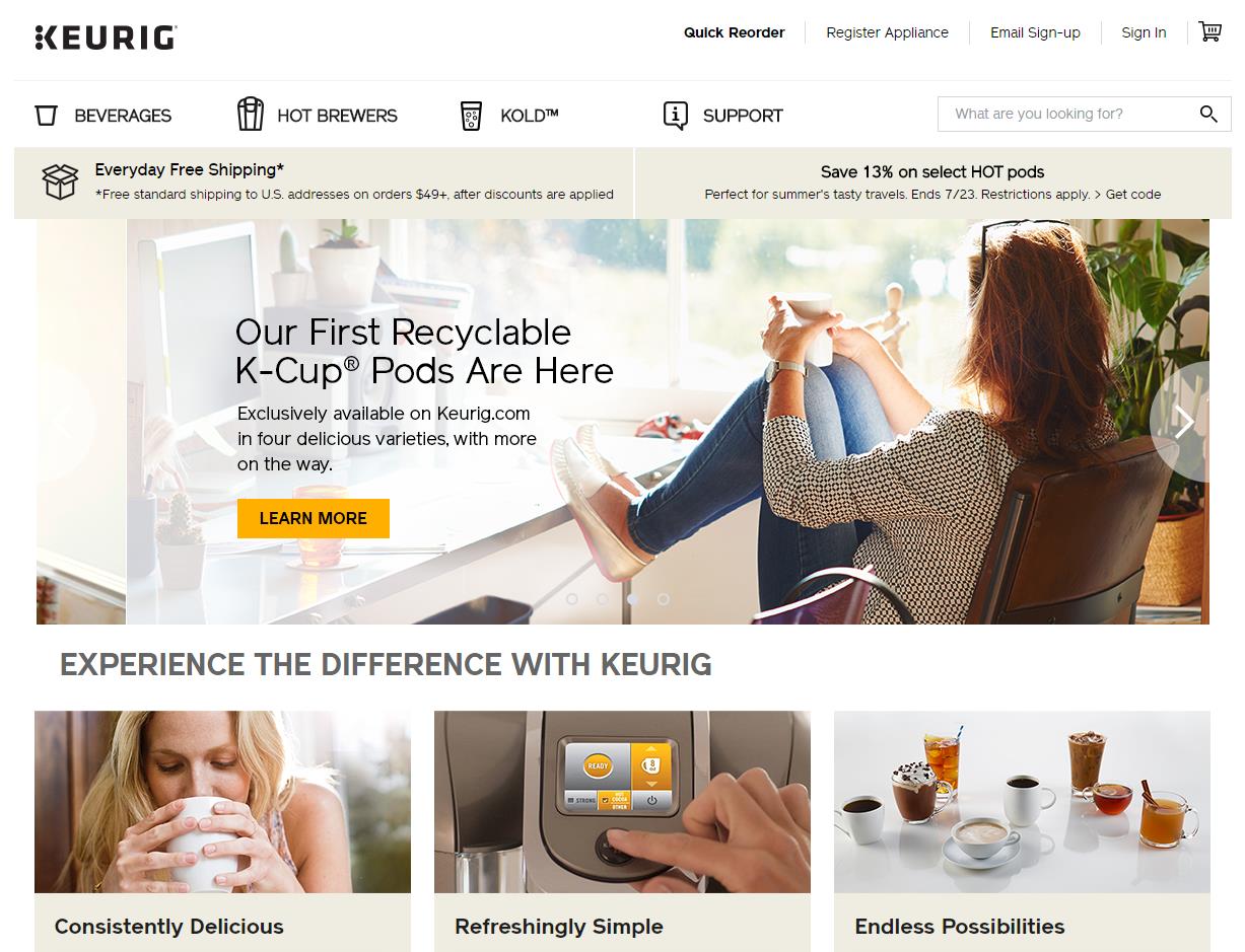 16 Keurig homepage contains the free shipping message - Cart Abandonment - Definitive Guide