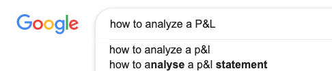 Eine Google-Suche zum Thema „Wie man eine P&L analysiert“.